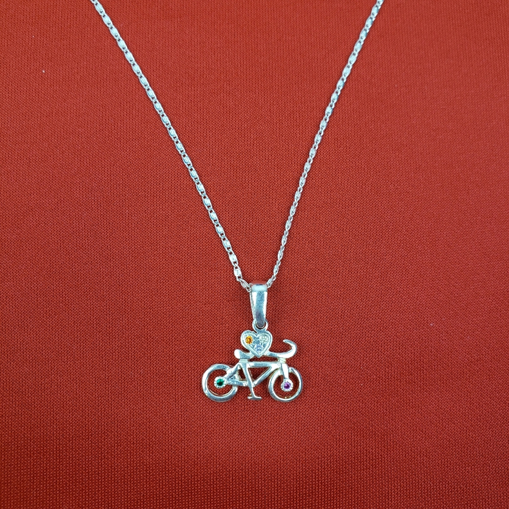 925 solid ‎ sterling silver bicycle pendant with zircon and chain